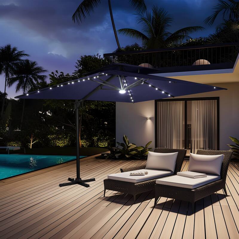 9 FT x 11 FT Outdoor Double Top LED Lighted Patio Cantilever Umbrella