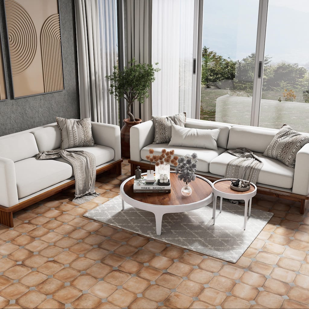 Merola Tile Laverton Octagon Natural with Taco Grafito 7-7/8" x 7-7/8" Porcelain Floor and Wall Tile