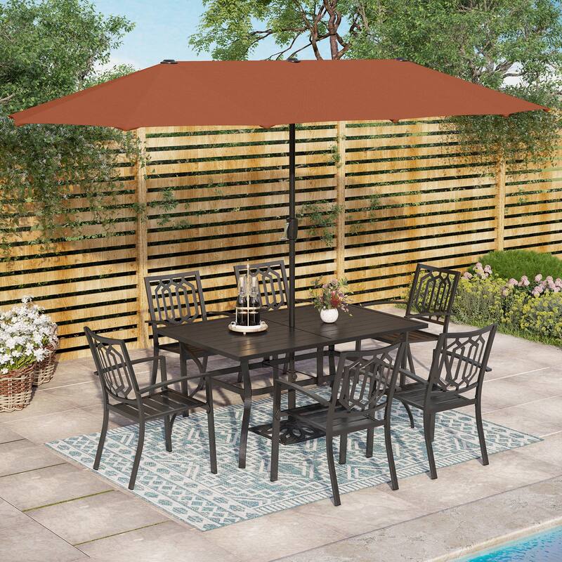 MAISON ARTS Patio Dining Set with 4/6*Metal Outdoor Chairs, Metal Square Dining Table and 10/13ft Patio Umbrella - Red-8