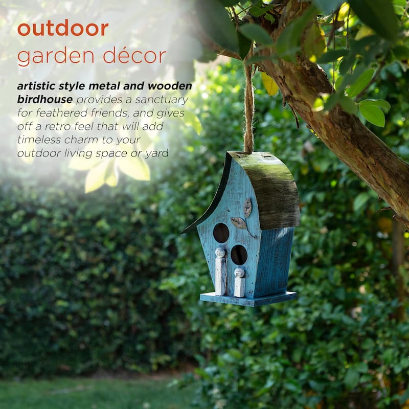 Alpine Corporation 12" Tall Outdoor Hanging Wood and Metal Birdhouse, Blue