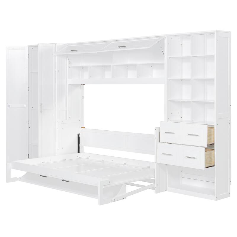 Full Size Wall Bed with Closet, Drawers, and Shelves in White