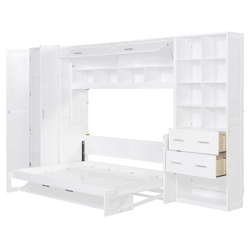 Large Wall Cabinet Storage Murphy Bed Convertible Study Table with Side Bookcase, Closet, Flip Top Storage Cabinet and Drawers
