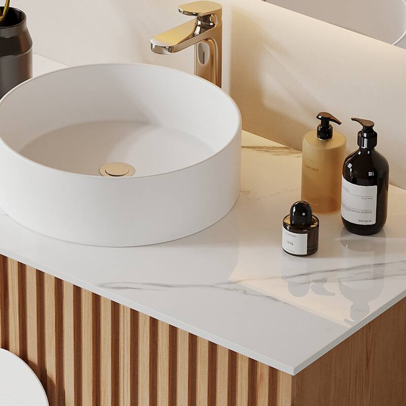 35.43" Floading Single Bathroom Vanities, with 2 Drawers, Glossy Sintered Stone Top, Light Wood