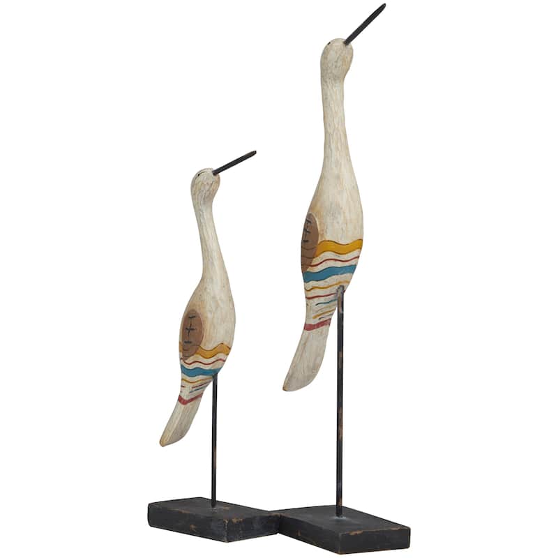 Cream Polystone Handmade Distressed Carved Bird Decorative Sculpture with Colorful Patterns and Black Stand (Set of 2)