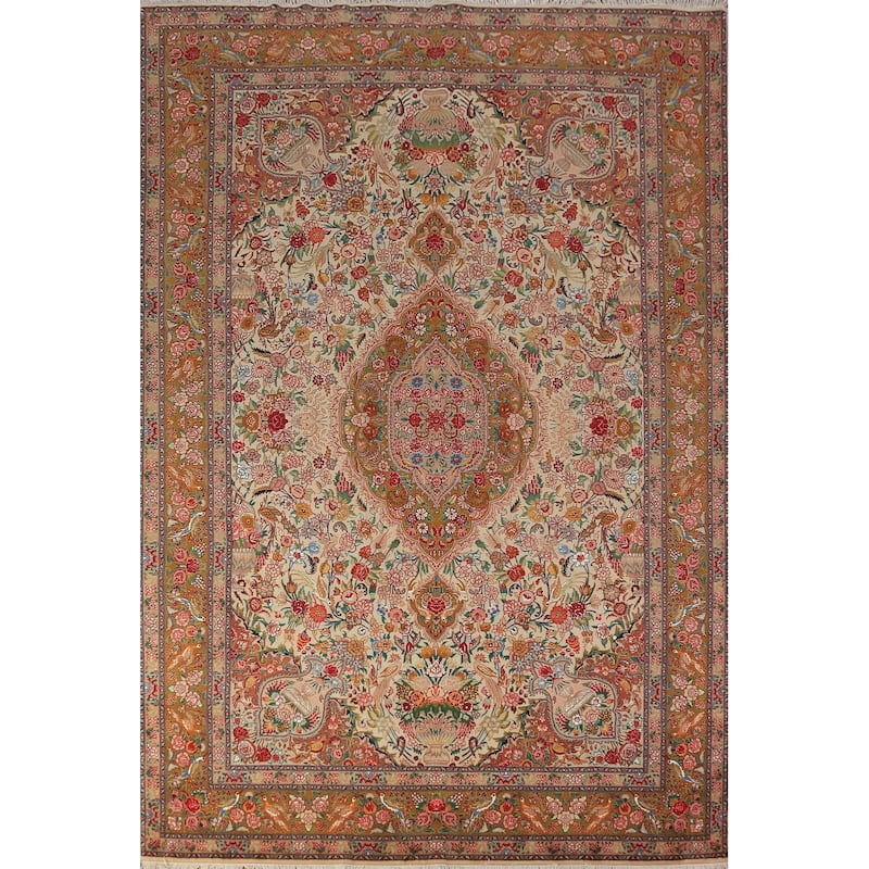 Vegetable Dye Tabriz Persian Area Rug Handmade Silk & Wool Carpet - 6'7" x 9'10"
