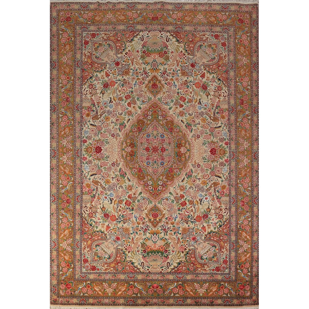 Vegetable Dye Tabriz Persian Area Rug Handmade Silk & Wool Carpet - 6'7" x 9'10"