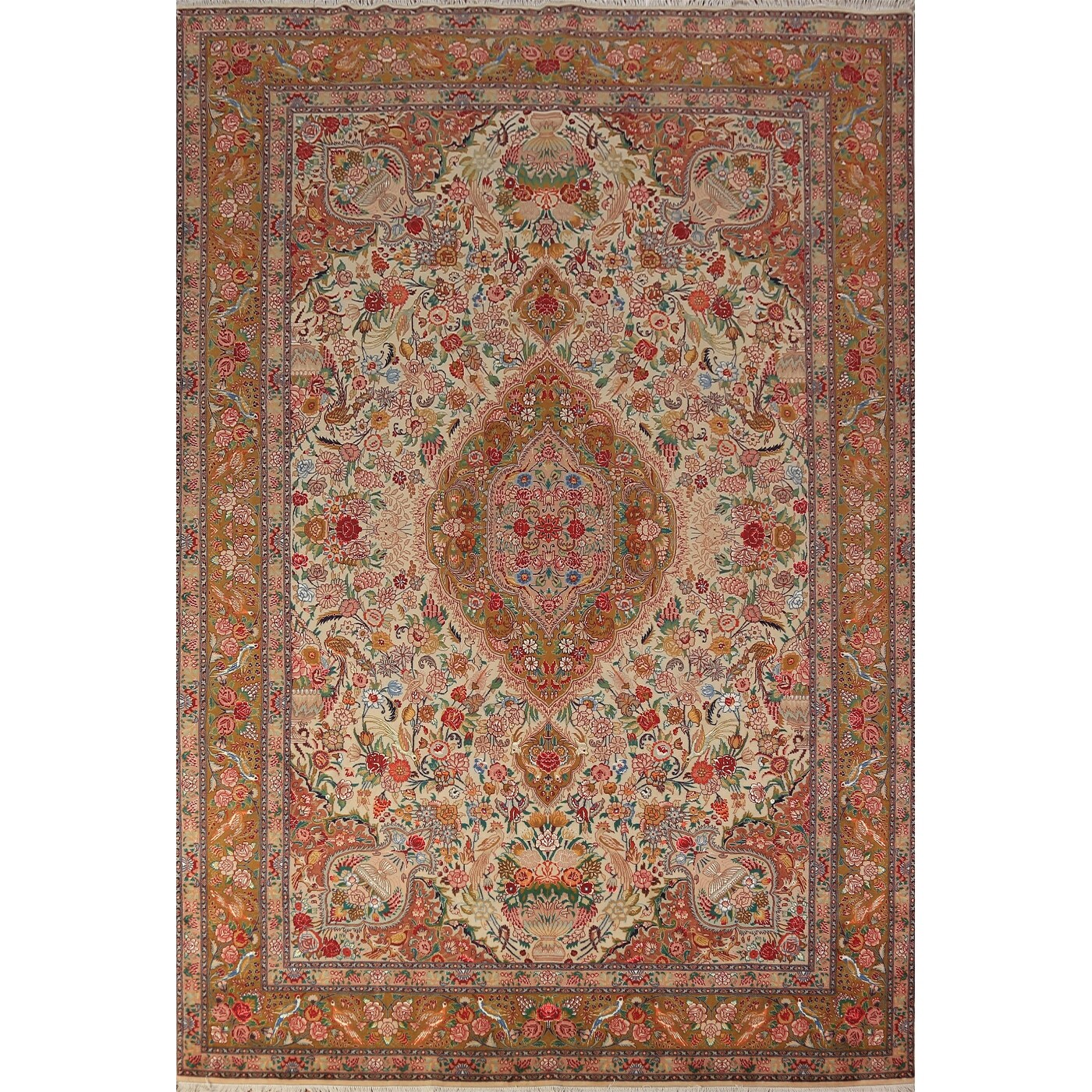 Vegetable Dye Tabriz Persian Area Rug Handmade Silk & Wool Carpet - 6'7" x 9'10"