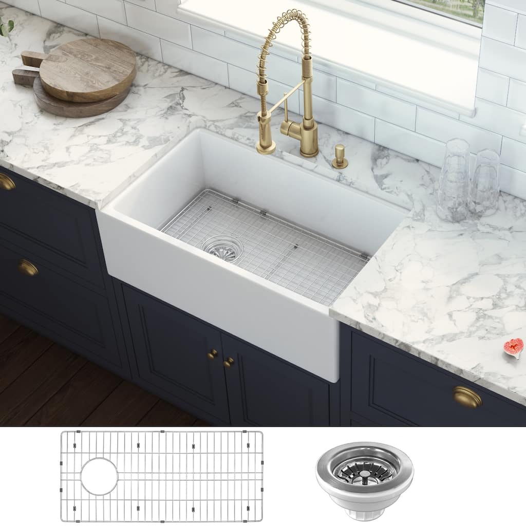 Ruvati 30-inch Fireclay Farmhouse Offset Drain Kitchen Sink Single Bowl White - Left Drain -