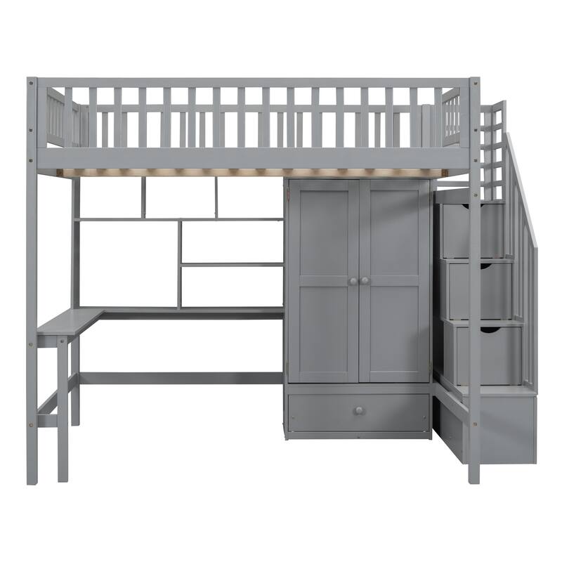 Loft Bed with Bookshelf, Drawers, Desk and Wardrobe