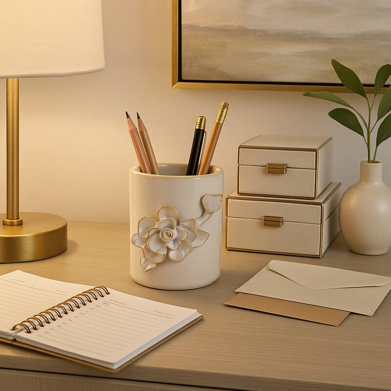 Stoneware Storage Container 3D Floral Sleek Contemporary Design