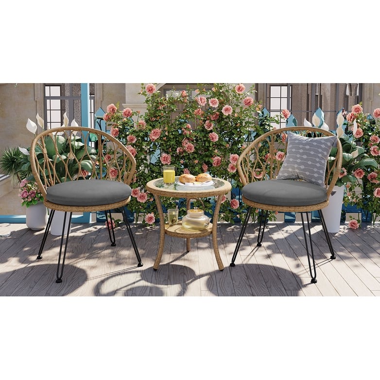 Outdoor Leisure Set, 2 Rattan Single Chairs with 1 Glass Round Table
