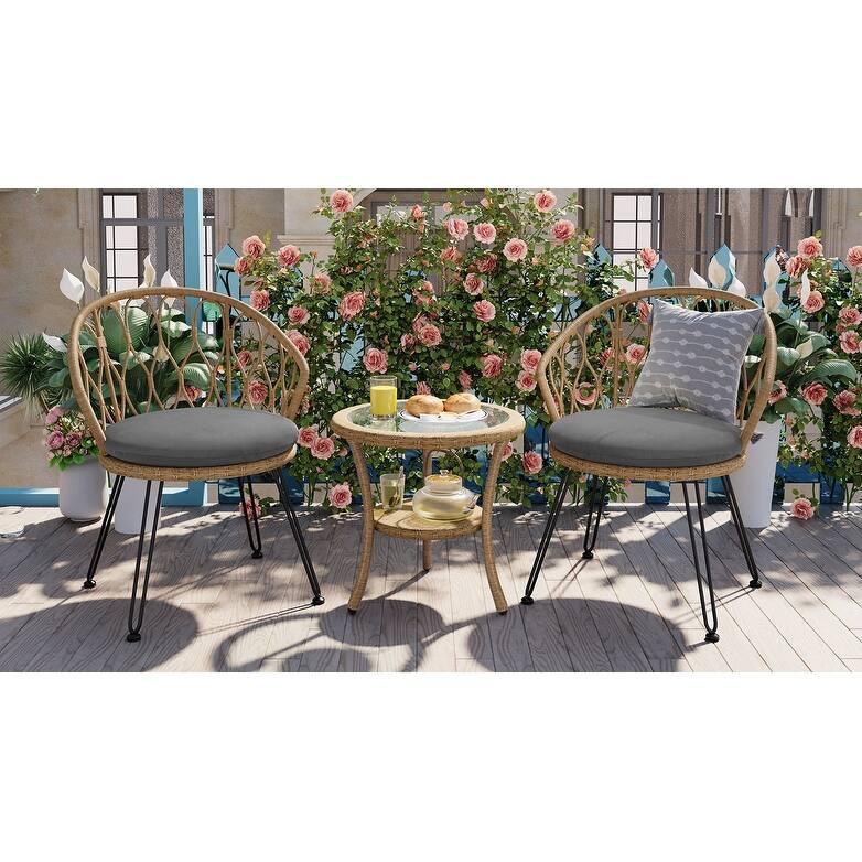 Outdoor Leisure Set,2 Rattan Single Chairs With A Glass Round Table,Perfectly Suited For Patios,Balconies,And Courtyards