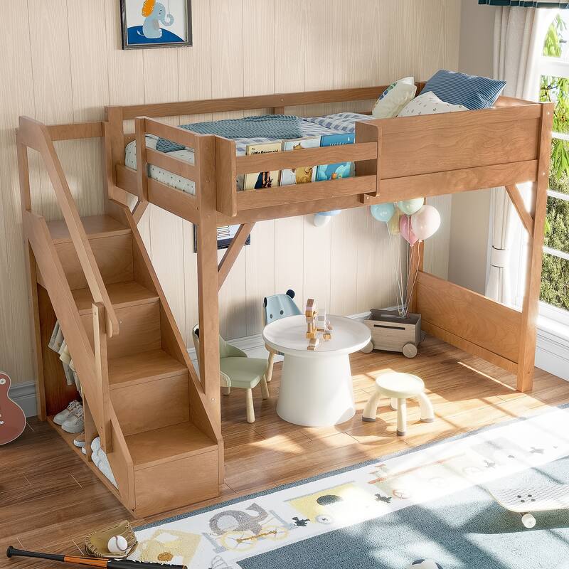 Full/Twin Loft Bed with Built-in Wardrobe, Storage & Stairs - Solid Wood, Full-Length Guardrails, No Box Spring