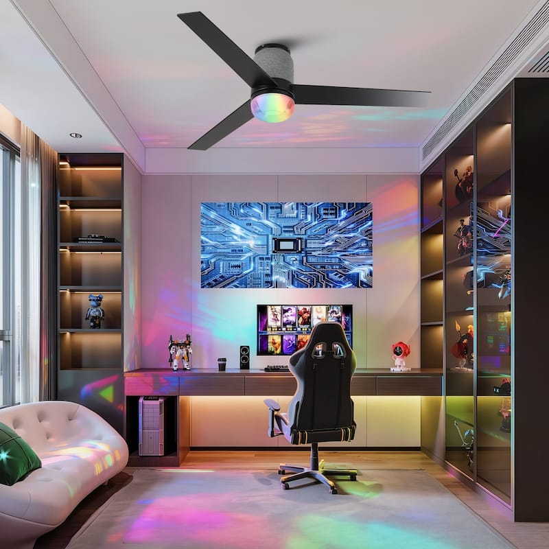 52" Modern Black RGB LED Smart Flush Mount Ceiling Fan with Light and Remote, App Control, Voice Control