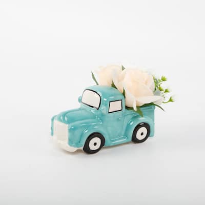 Faux Flora In 5.25'' Blue Ceramic Truck