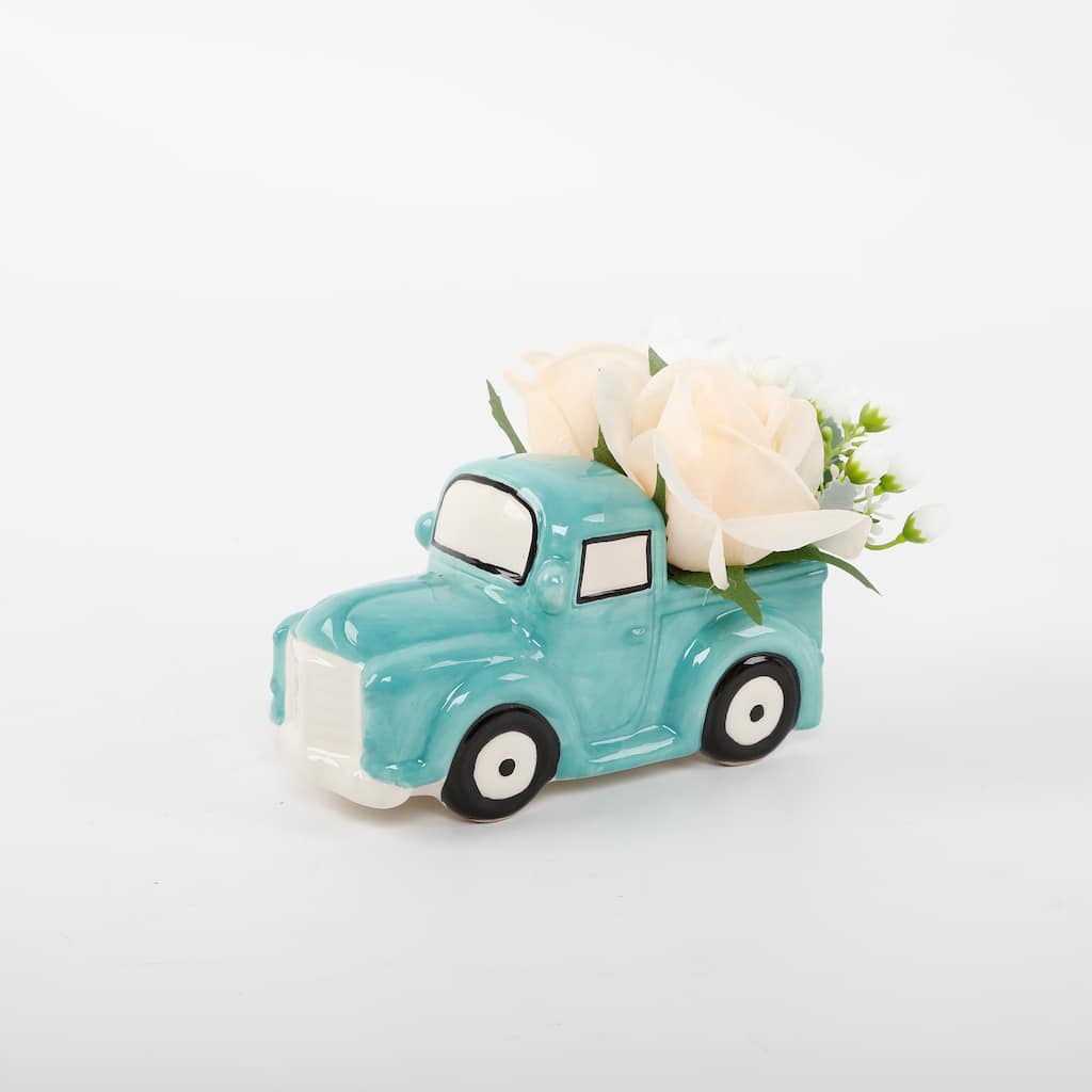 Faux Flora In 5.25'' Blue Ceramic Truck