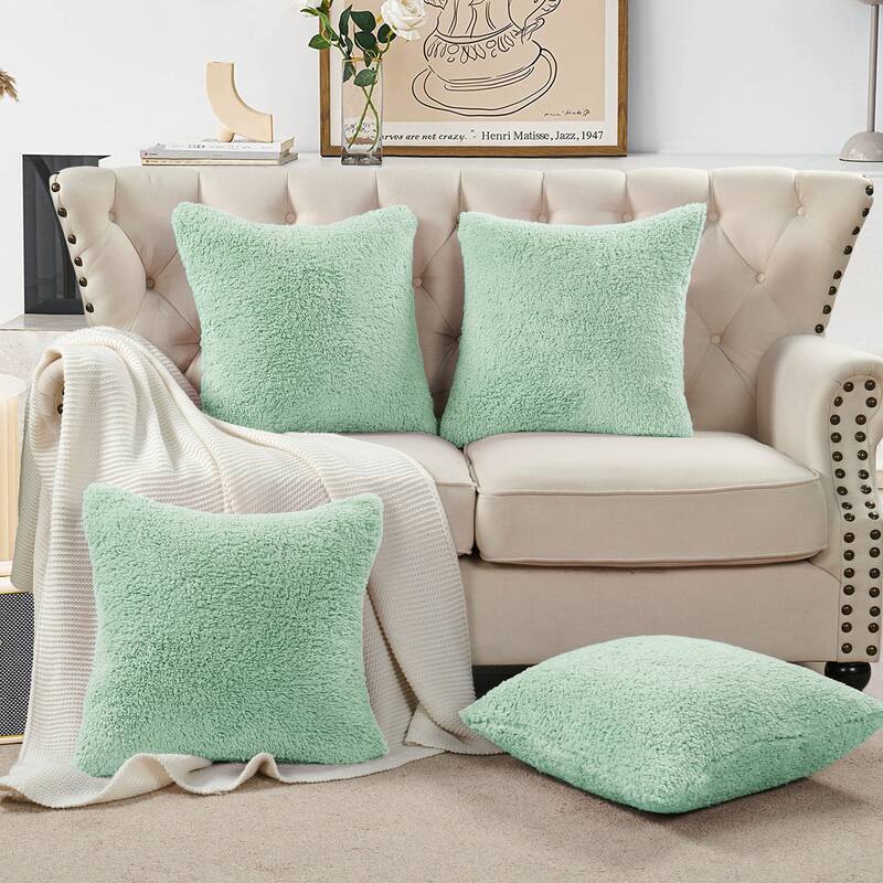 Accent Sherpa Pillow Cover Set of 4 20Inch x 20Inch, NO INSERT - Bleached Aqua