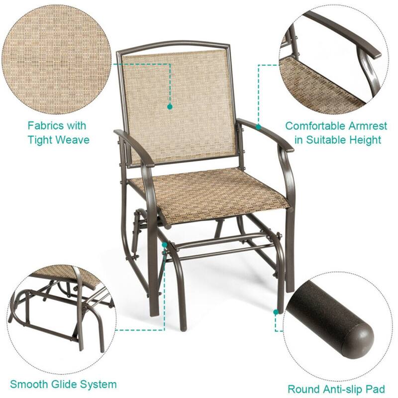 Brown Fabric Steel Glider Chair with Curved Armrests for Outdoor Use - 23" x 27.5" x 37" (L x W x H)