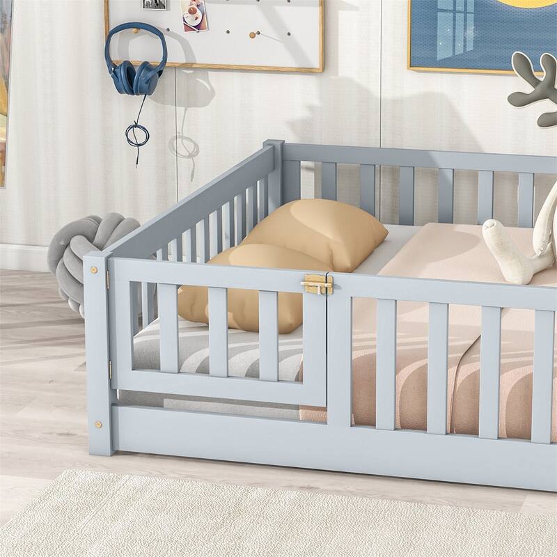 Twin/Full/Queen Size Floor Bed with Fence Guardrails and Door, Rubber Wood Toddler Bed Montessori Bed with Slats Support