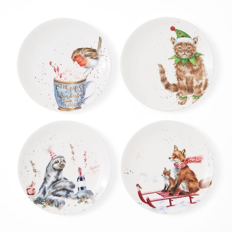 Royal Worcester Set of 4 Holiday Wrendale Designs Coupe Plate - Sloth, Robin, Fox, Cat