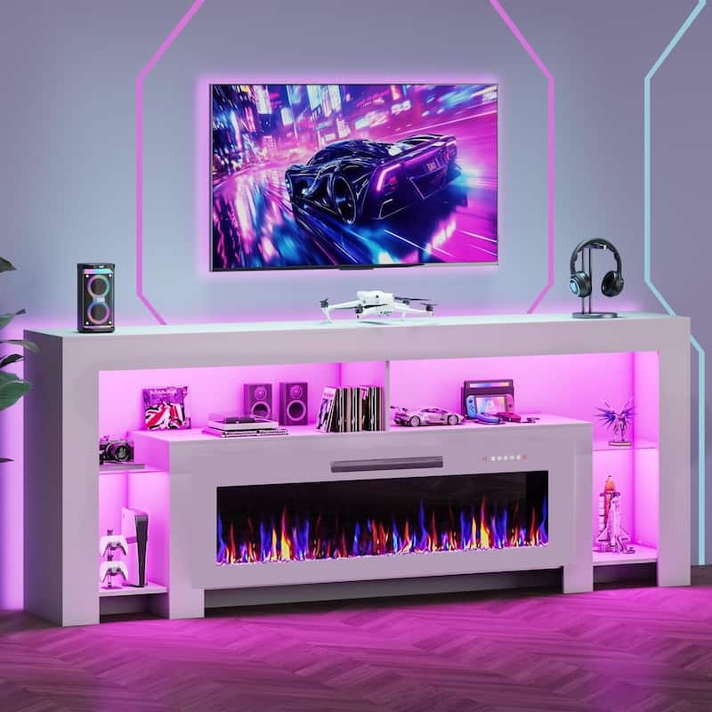 BOSSIN 82" Fireplace TV Stand with 50" Fireplace, Entertainment Center for TVs Up to 90", Console Cabinet With LED Light - New White