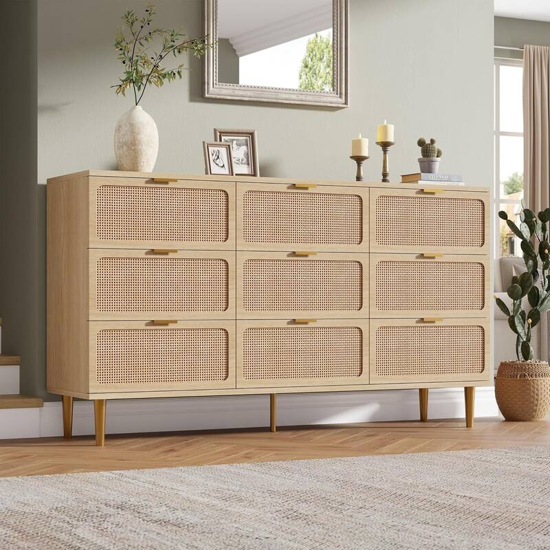 Rattan 9 Drawer Dressers TV Stand for Bedroom Living Room