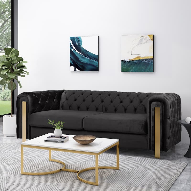 3-Seat Sofa with Tuxedo Arms, Gold Legs, Velvet Upholstery