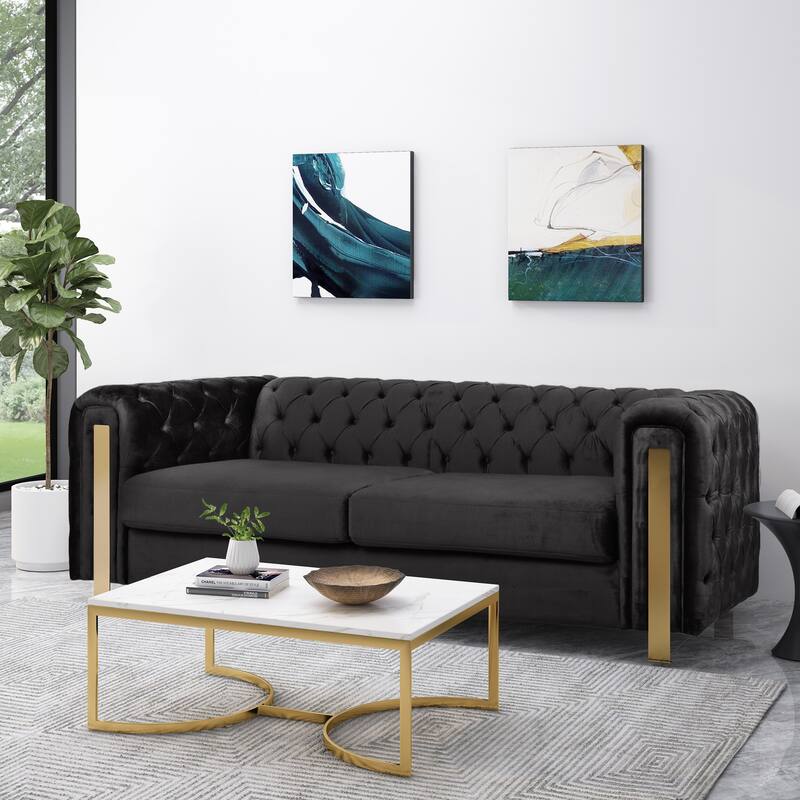 Velvet Button Tufted 3-seater Sofa with Iron Legs