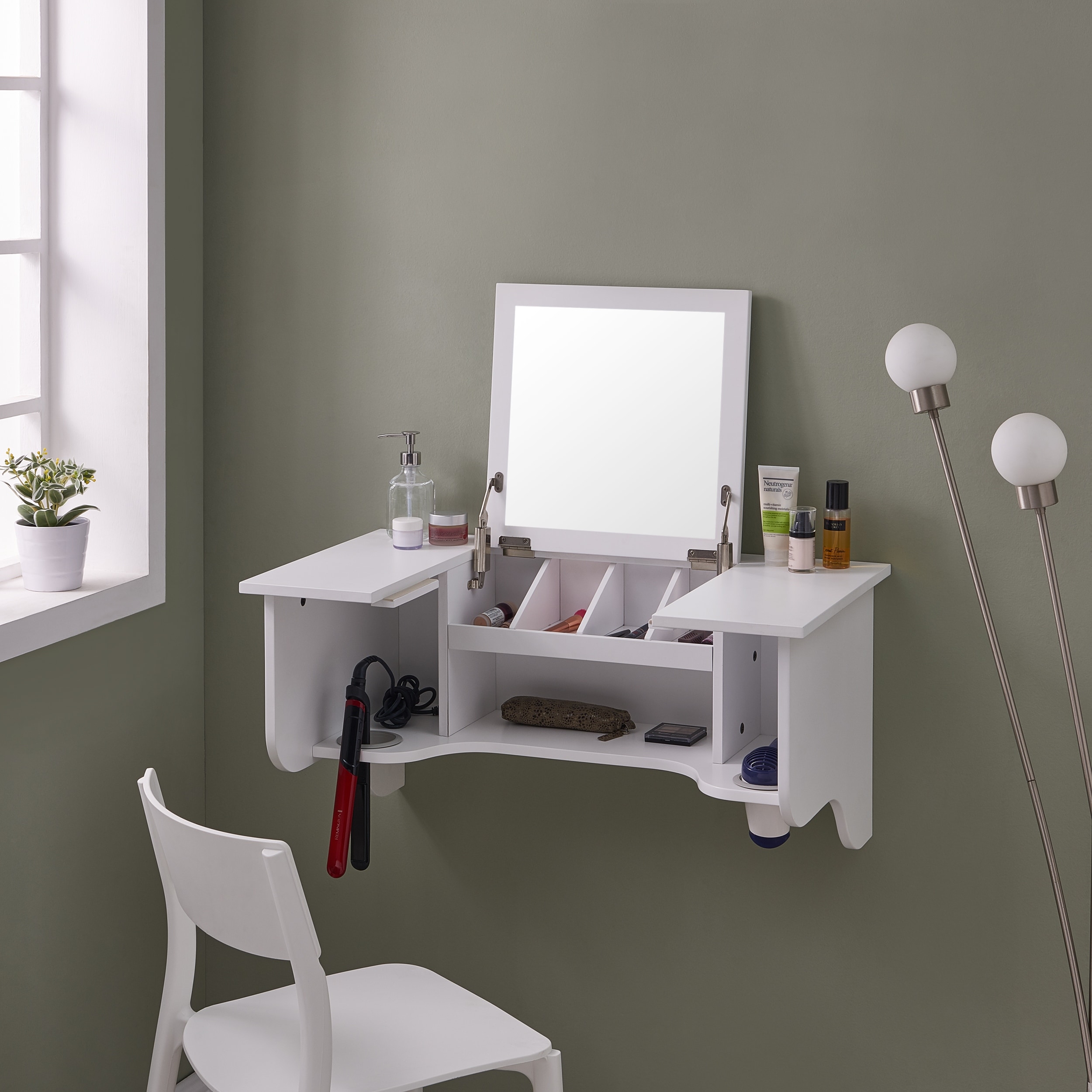Wall Mount Ledge w Vanity Mirror Transitional Style White