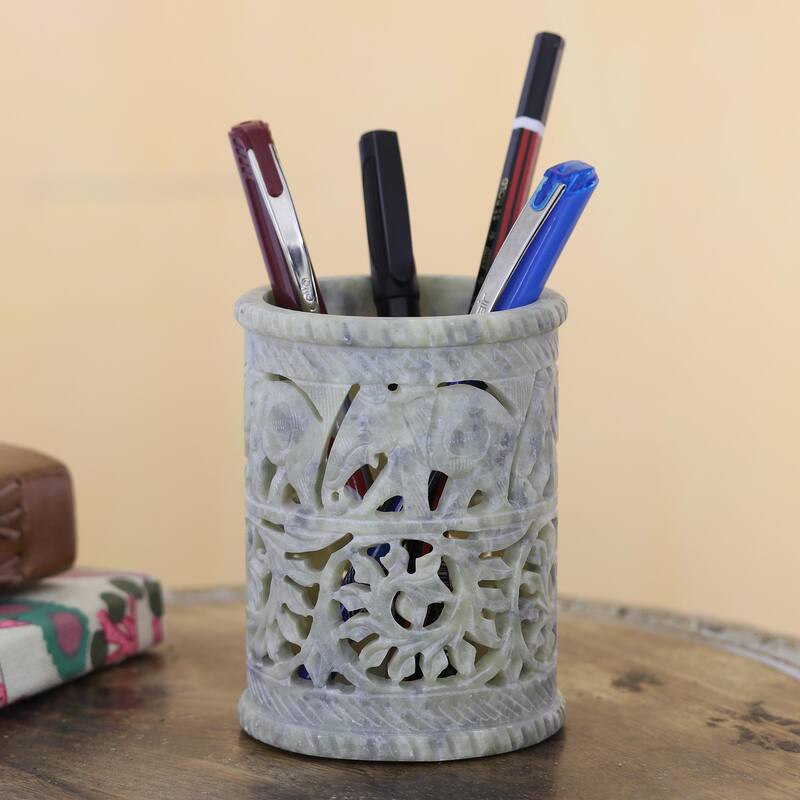 Novica Handmade Botanical Elephant Soapstone Pen Holder
