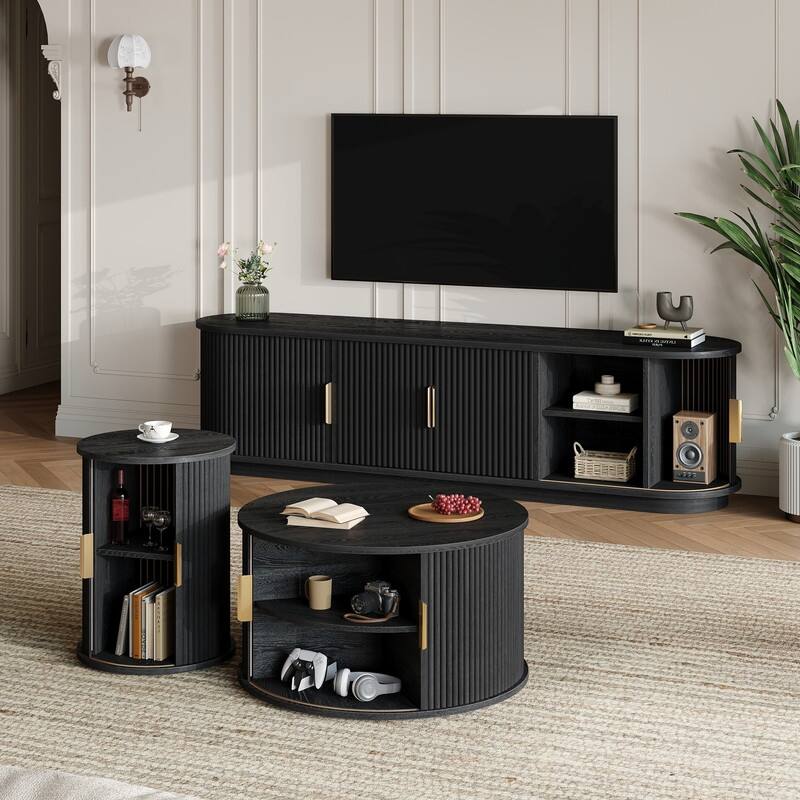 Mid Century Modern 74.8" TV Stand & Coffee Table Set for TVs up to 75", Wooden Media Console with Fluted Sliding Doors