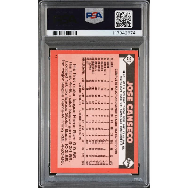 Jose Canseco 1986 Topps Traded Signed Baseball Rookie Card #20T Auto Graded PSA 10 Cert # 117942674 - 8' x 11'