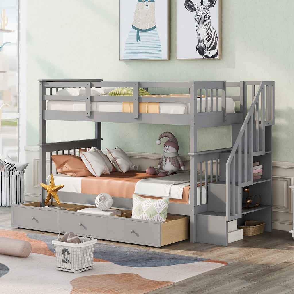 Twin-Over-Twin Bunk Bed with Drawers and Storage Stairs, Gray