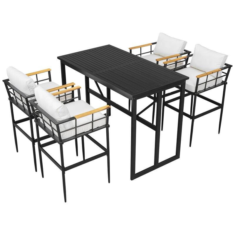 Outdoor Dining Set with Acacia Wood Armrest Suitable For Patio, Balcony Or Backyard