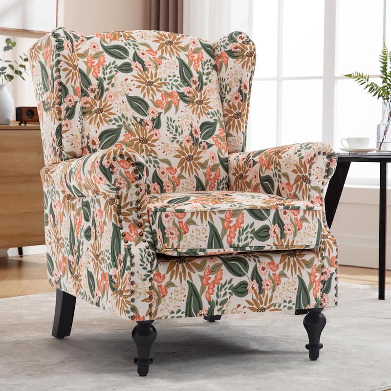 HOMYKA 29'' Wide Floral Pattern Wingback Accent Armchair with Nailhead Trim