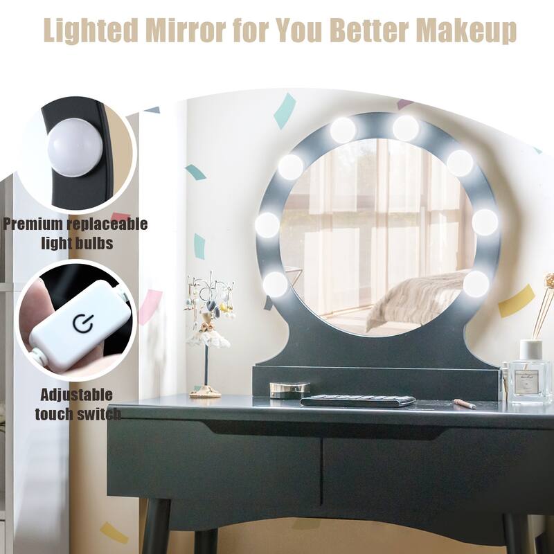 Costway Vanity Makeup 8 Dimmable Bulbs Lighted BlackWhiteNatural