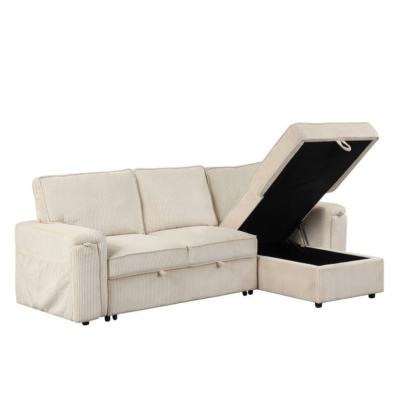 Upholstery Sleeper Sectional Sofa with Storage Bags & 2 Hidden Cup Holders