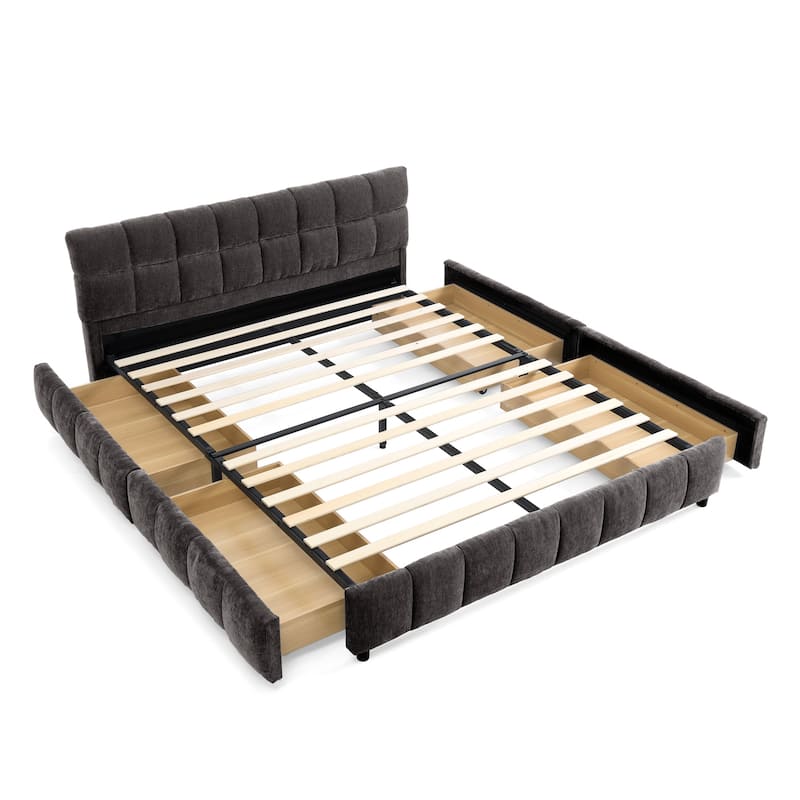 Lattice-shaped Cushion Platform Bed Grounded Bed Upholstered Bed Frame with 4 Drawers and Cozy Headboard No Box Spring Needed