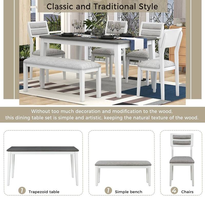 6 PCS Classic Dining Set for 6 with Bench and Upholstered Chairs