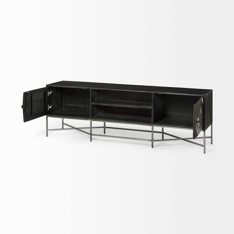 HomeRoots Dark Brown Solid Mango Wood Finish TV Stand Media Console With 2 Doors And 2 Open Shelves - 16