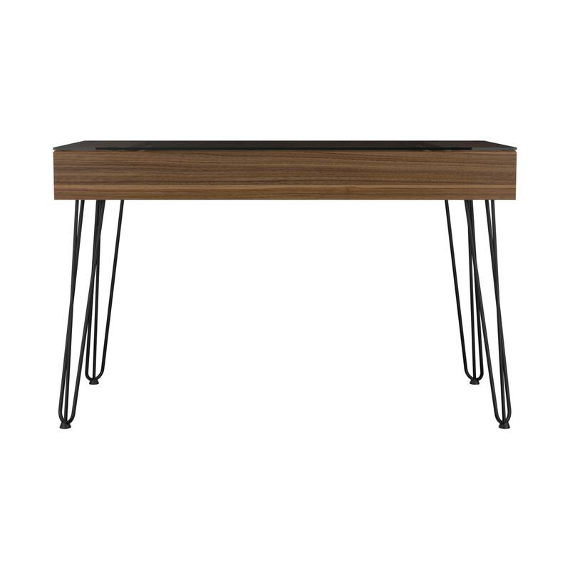 Modern Industrial Computer Desk with Glass Top, One Drawer, and Metal Legs for Stylish Home Office Setup