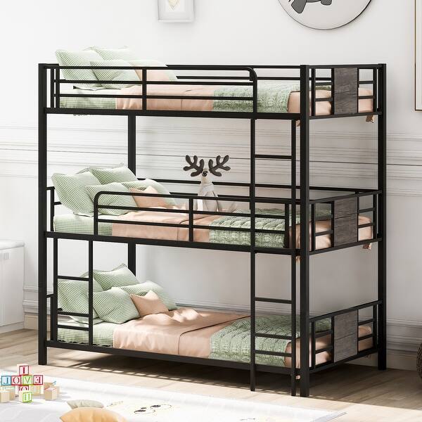 slide 2 of 9, Twin Size Metal Triple Bunk Bed, with Wood Decoration Footboard and Headboard and Full-length Guardrail Grey