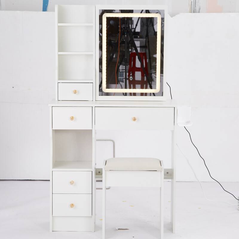 29.2" Small Size Left Drawer Desktop Vanity Table + Cushioned Stool, 2 AC+2 USB Power Station, Hair dryer bracket