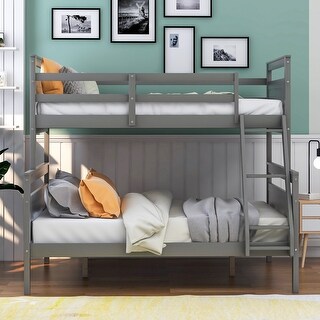 Twin Over Full Bunk Bed with Ladder, Safety Guardrail, Grey