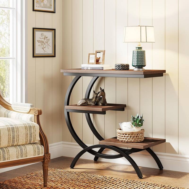 C-Shaped End Table, Industrial 3-Tier Side Table, Wood Bedside Table