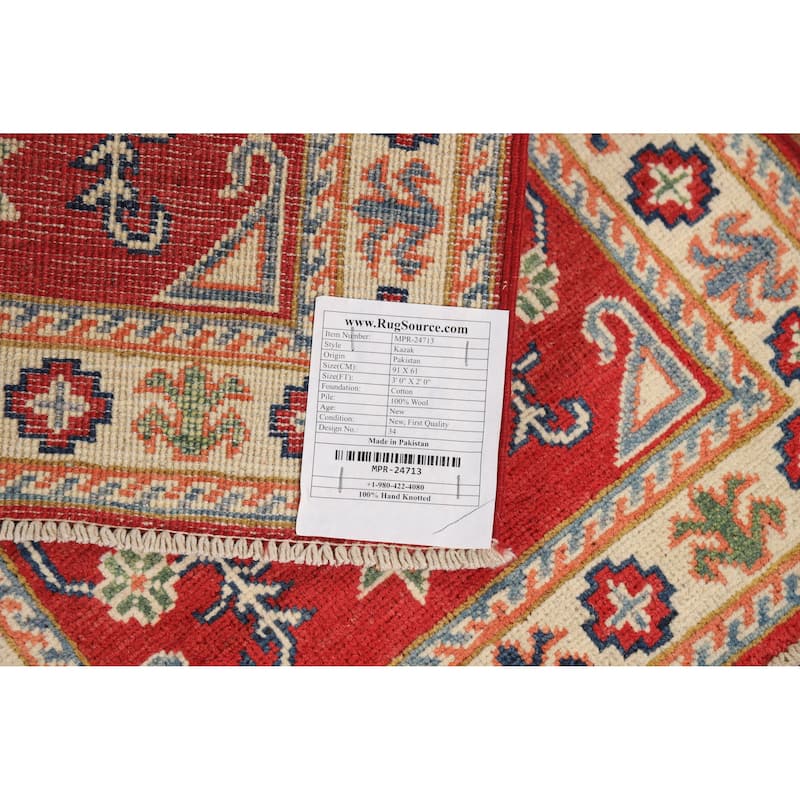 Red Traditional Kazak Oriental Foyer Rug Hand-Knotted Wool Carpet - 2'0"x 3'0"