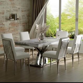 65 inch Faux Marble Dining Table Set with Boucle Dining Chairs