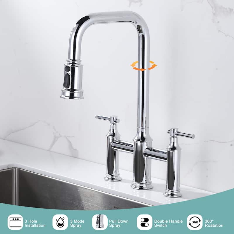 WOWOW Double Handle Bridge Kitchen Faucet with Advanced Spray
