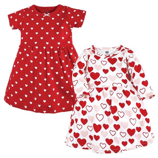 slide 1 of 1, Hudson Baby Infant and Baby Girl Cotton Dresses, Red Pink Hearts 0-3 Months - Red Pink Hearts