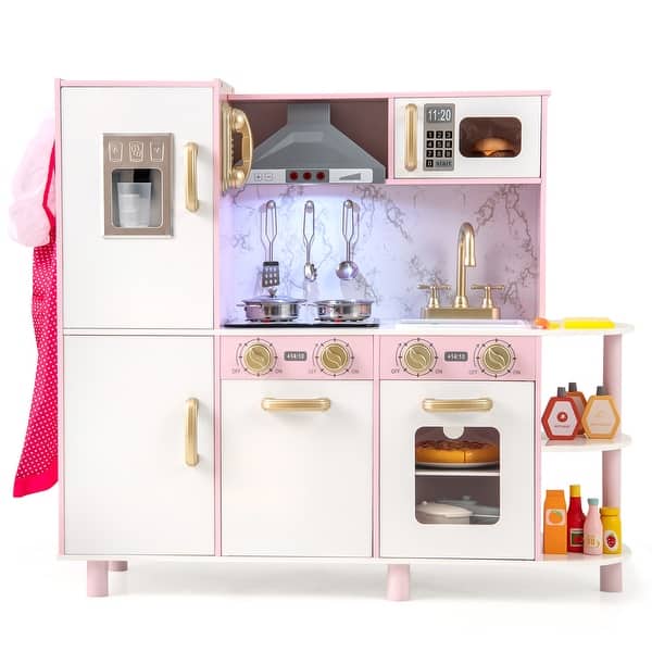 slide 2 of 9, Pink Wooden Play Kitchen with Lights and Sounds Chef Hat Apron Utensils Play Food for Kids - 36" x 11" x 32" (L x W x H) Pink